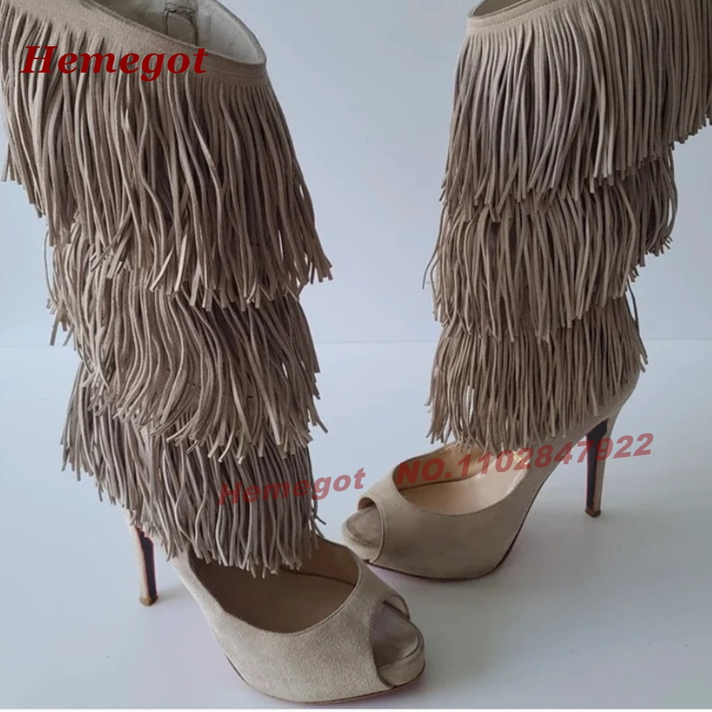Knee High Boots Women - Gelaagde franje peeptoe hoge hak sandaallaarzen