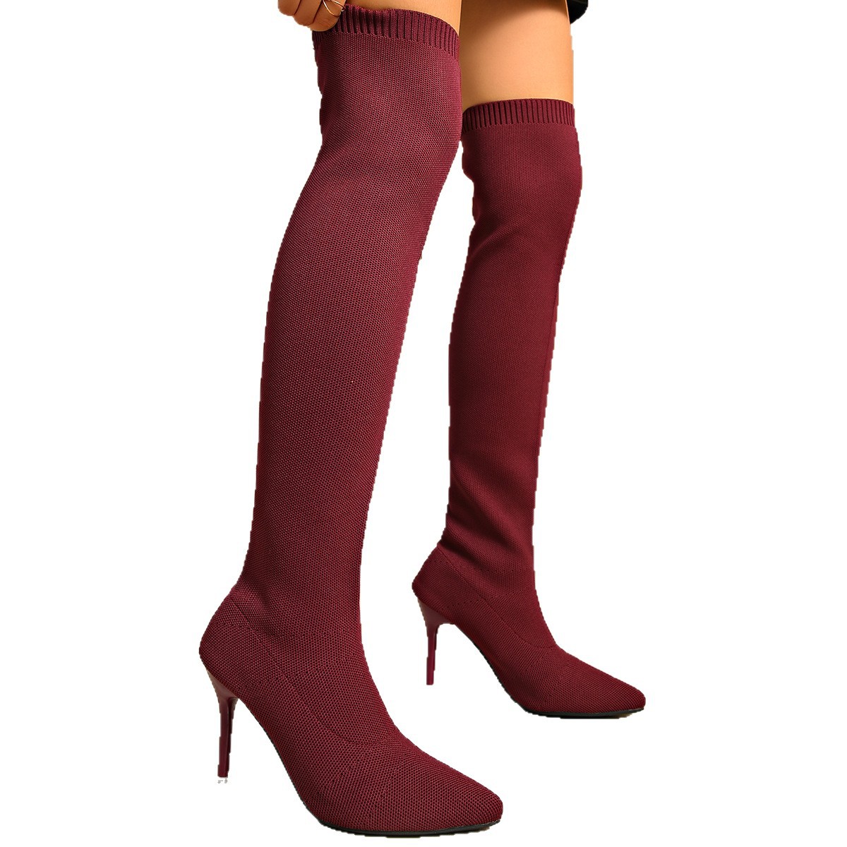 Sock Boot Women - Overknee-soklaarzen, dames, dunne hoge hakken, gebreide