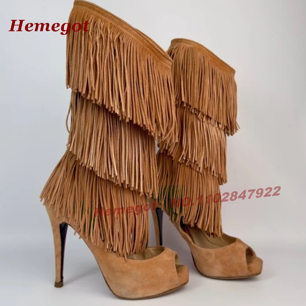 Gelaagde franje peeptoe hoge h - Knee High Boots Women recensie en prijs