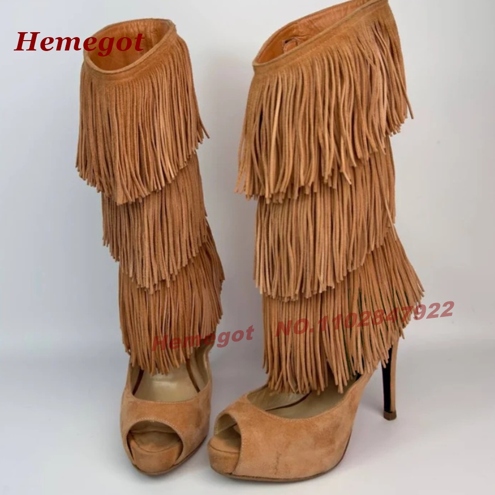 Gelaagde franje peeptoe hoge h - Knee High Boots Women recensie en prijs