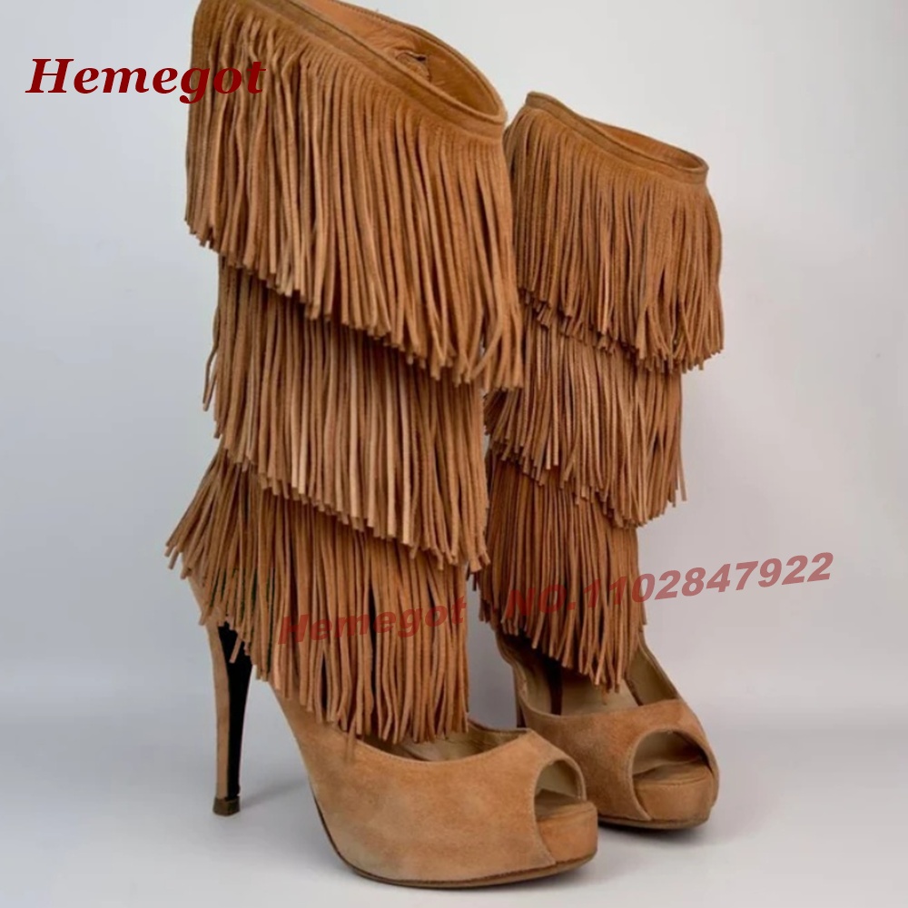 Gelaagde franje peeptoe hoge h - Knee High Boots Women recensie en prijs